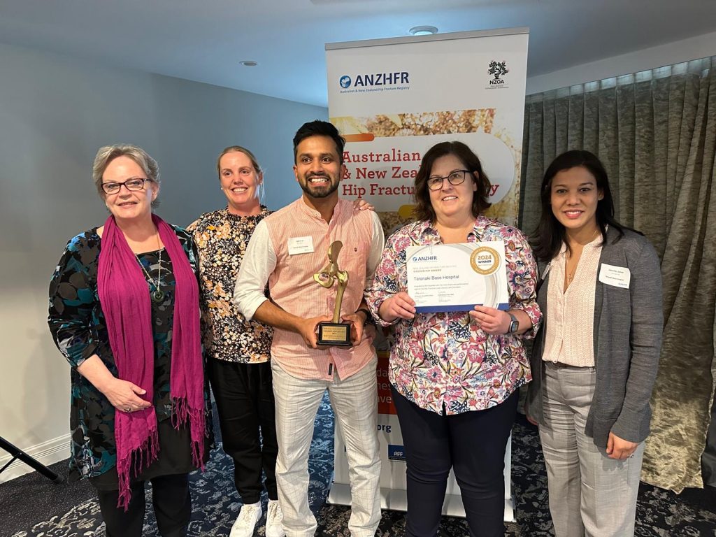 Members of the Taranaki Base Hospital team accept the NZ Golden Hip Award for Most Improved Performance